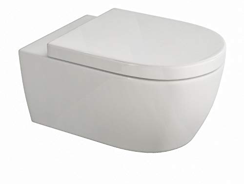 Design Hänge WC aus Keramik, Spülrandlose Toilette mit Softclose Absenkautomatik, Wand WC in weiß | 485 x 365 x 330 mm