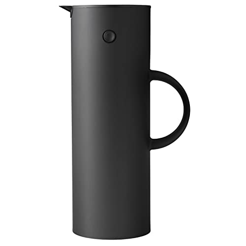 Stelton Isolierkanne EM77 - Doppelwandige Isolierkanne für heiße/kalte Getränke - Tee- & Kaffeekanne mit Glaseinsatz, Magnetverschluss, Schraubdeckel, Vintage-Design - 1 Liter, Soft Black