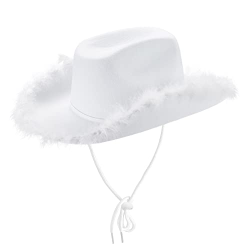 Cowboyhüte für Frauen, flauschiger Cowgirl-Hut mit Federkrempe, für Junggesellinnenabschiede, Verkleidungspartys und Spielkostüm (weiß, 32 x 42 x 18 cm)