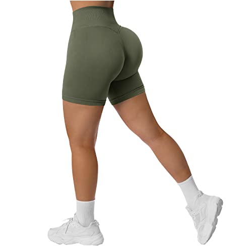 RXRXCOCO Damen Blickdicht Nahtlose High Waisted Kurze Sporthose Gym Sport Shorts Kurze Laufhose Radlerhose #1 Armee Grün Size M