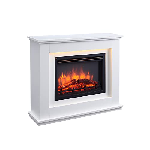 RICHEN Baldur Elektrokamin - Elektrischer Standkamin mit Heizung 1000/2000 W, realistischer 3D-Flammeneffekt, LED-Beleuchtung, Fernbedienung programmierbar, Timer, Thermostat - Weiß