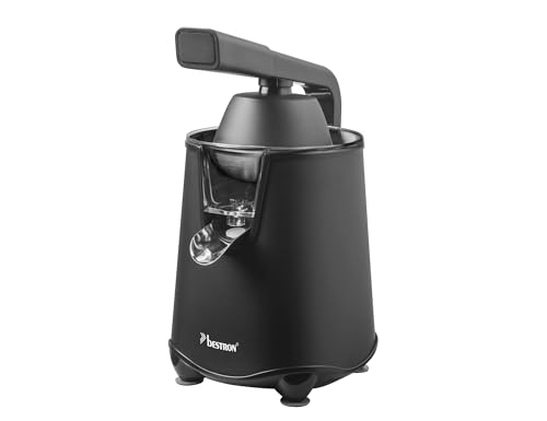 Bestron elektrische Saftpresse, Orangenpresse mit Auslauf-Stopp Funktion & edelstahl Fruchtfleischsieb, inkl. 2 Presskegel, 450ml Kapazität, Soft-Press Hebel für einfache Bedienung, Schwarz Matt