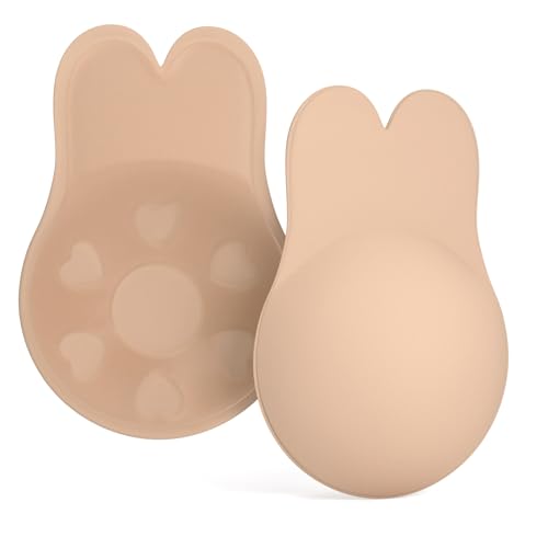 ZPW Klebe BH Push Up, Unsichtbarer Trägerloser-BH, Strapless Bra, Wiederverwendbare Klebe-BHS mit Trägerlos Pads, Silikonfreundlich Selbstklebender BHS für Rückenfreie Kleidung - C/L, Beige