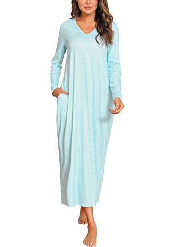 Sykooria Nachthemd Damen Lang Baumwolle Gestreifter Nachtkleid Morgenmantel Stillnachthemd Sleepwear mit Taschen, Seeblaues Blumenmuster, 3XL