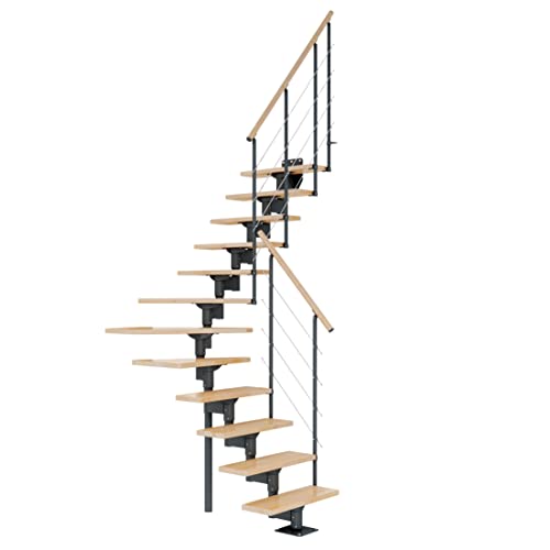 DOLLE Mittelholmtreppe - 11 Stufen - Geschosshöhe 228 – 300 cm - ¼-gewendelt - Buche, lackiert - Unterkonstruktion: Anthrazit (RAL 7016) - volle Stufen 70 cm - inkl. Geländer - Nebentreppe