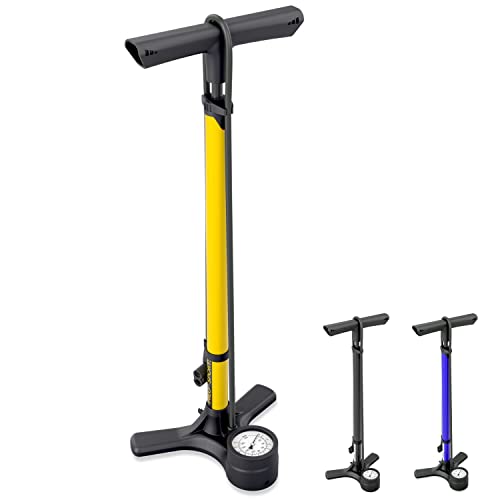 Hilo Sports Standpumpe Fahrrad für alle Ventile - 11 Bar / 160 Psi Luftpumpe mit Manometer - Standluftpumpe mit Stahlrohr - Fahrradpumpe Standpumpe (gelb)