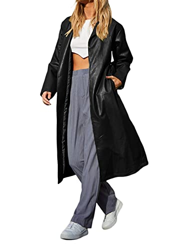 Damen Lederjacke Trenchcoats Casual Taillengürtel Krawatte Revers Langarm Blazer Mantel Windbreaker Jacke, A-schwarz, 38