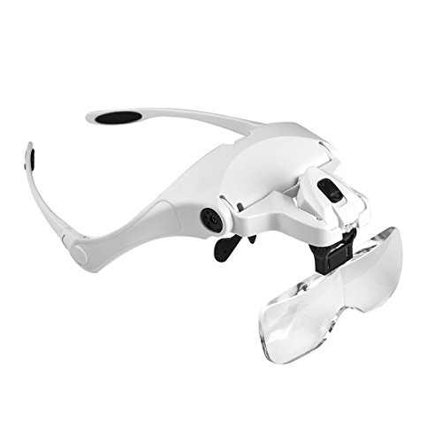 MOACC Lupenbrille mit Licht Hände Frei Kopfband Lupe Standlupe mit 2 LED für Hobby,Denest,Elektriker,Juweliere,Nähen,Handwerk,und ältere Menschen - 5 Wechselobjektive,1.0X,1.5X,2.0X,2.5X,3.5X