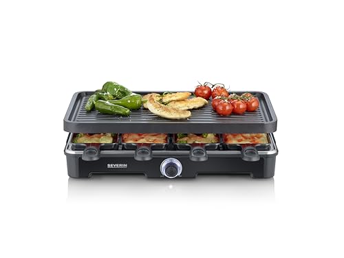 SEVERIN Raclette-Grill, Raclette mit großer Grillplatte, Keramik- & Antihaftbeschichtung, 8 Raclette Pfännchen & 8 Spatel, Tischgrill für bis zu 8 Personen, 1.400 W Leistung, schwarz, RG 9670