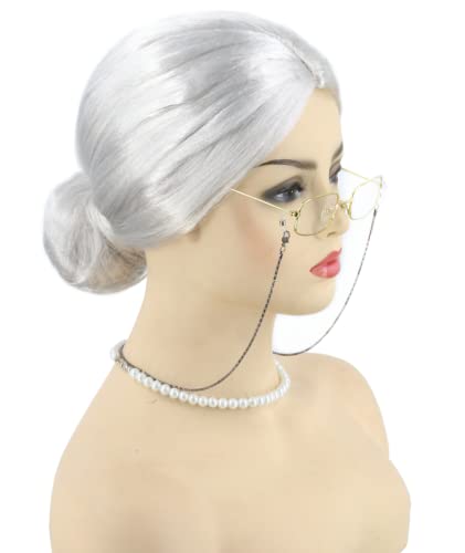 Topcosplay 3er Set Oma Perücke Großmutter Perücke mit Perlenkette Oma Brille Granny Perücke Grau Old Lady Kostüm Set Alte Dame Perücke für Karneval Halloween (Weiß)