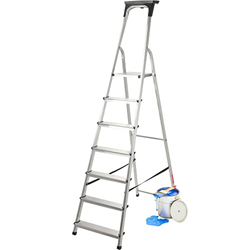 KADAX Aluminiumleiter, Stehleiter bis zu 125 kg, Stufenleiter, Klapptritt für Senioren, Alu-Sicherheits-Stehleiter, klappbare Leiter mit Ablage, Aluklappleiter, Aluleiter (7 Stufen)