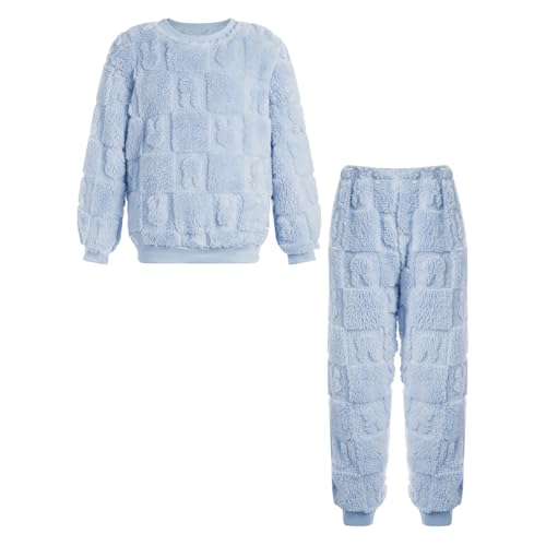 Miutii Kinder Jungen Mädchen Fleece Schlafanzug Zweiteiler Kuschelig Pullover + Hose Warme Winter Nachtwäsche Flauschiger Pyjama Set Blau 158-164