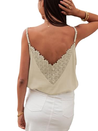 ZIYYOOHY Damen V Ausschnitt Spitze Tanktop Spaghettiträger lässiges Basic Camisole Oberteil Sommer ärmelloses Blusen (6012 AP L)