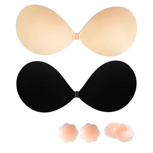 Klebe BH Push-Up, BH-Rückenfrei Trägerloser, Klebe Große Brust Push-Up, Trägerloser Sticky Bra, Ohne Träger Unsichtbarer, Invisible Bra 2Stück mit 4Pcs Nippelpads-B