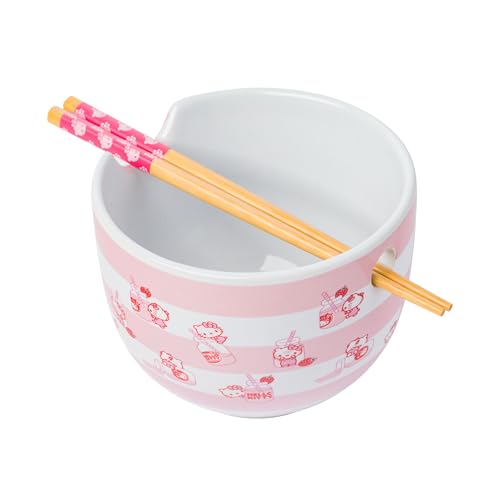 Silver Buffalo Sanrio Hello Kitty Erdbeermilchmuster Keramik Ramen Nudel Reisschale mit Essstäbchen, mikrowellengeeignet, 590 ml
