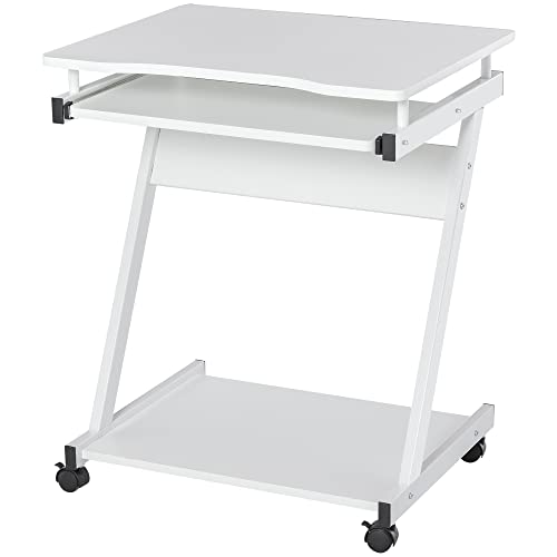 HOMCOM Schreibtisch Computertisch mit 4 Rollen PC-Tisch in Z-Form Platzsparend Stabil mit Tastaturablage Spanplatte Metall Weiß 60 x 48 x 73 cm
