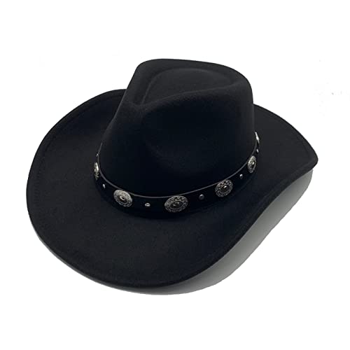 Cowboyhut Damen Herren Westernhut Schwarz Fedora Hut Breiter Krempe mit Lederband