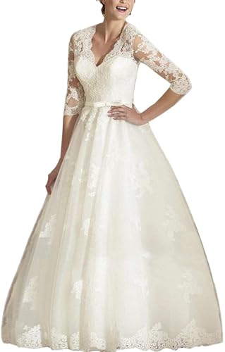 HUINI Brautkleider Spitzen Vintage Hochzeitskleid Brautmode Langarm Standesamt A-Linie Brautkleid Elfenbein 32