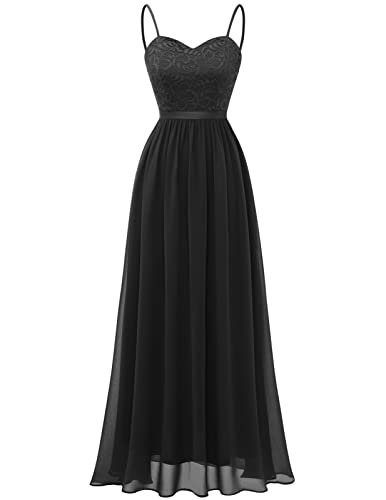 DRESSTELLS Abendkleider Elegant für Hochzeit Schwarz Festlich Ballkleid Damen Lang Brautkleid Standesamt Brautjungfernkleider mit Spaghettiträger Jugendweihe Kleider Black S