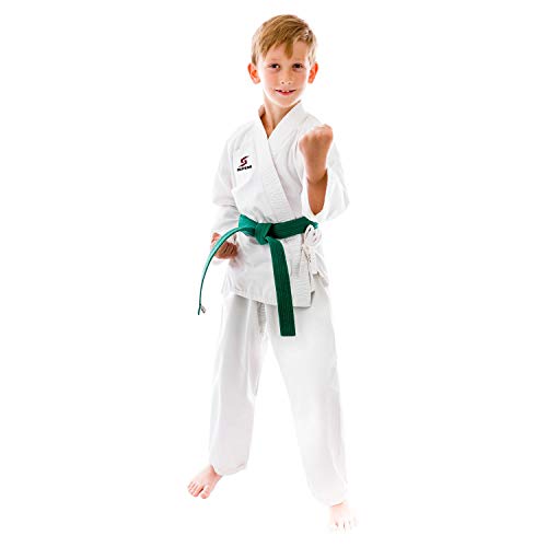 Supera Kinder Karate Anzug weiß - Karateanzug mit weißem Gürtel - 3 Teiliger Karate Gi mit Karatehose, Jacke und Karate Gürtel.