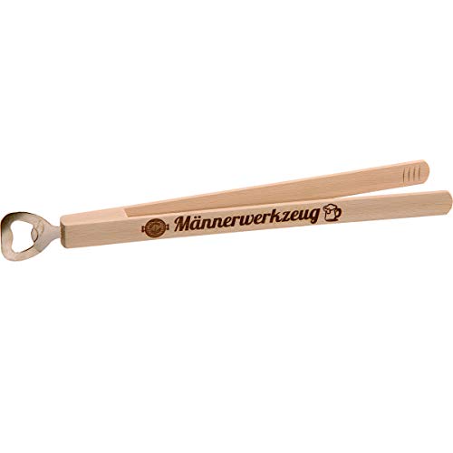 XL Grillzange mit Flaschenöffner aus Holz | Geschenk für Vater zum Männertag | Zange mit Fleischwender + Bieröffner