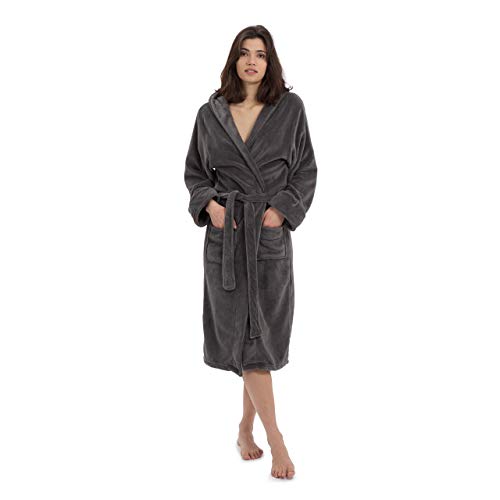 Lumaland Luxury Mikrofaser Bademantel mit Kapuze für Damen und Herren verschiedene Größen und Farben , Größen S, Grau