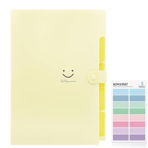KONVINIT Document Organizer, Dokumentenmappe a4 Mappe mit Fächern Fächermappe 5 Tasche Familien Organizer Mappe Schulmaterial Mappen Ordnersystem Schnellhefter a4 Plastik Stabil,gelb