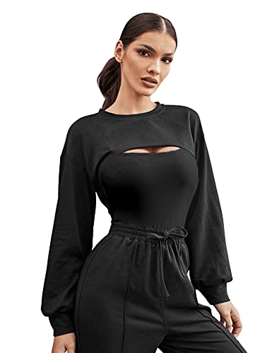 DIDK Damen Crop Pullover Sehr Kurz Sweatshirts Langarm Pulli Rundkragen Cut Outs Shirts Schwarz M