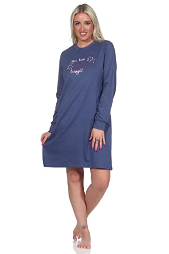 Normann Damen Nachthemd Langarm mit Bündchen und süssem Frontprint - auch in Übergrössen, Farbe:blau-Melange, Größe:48/50