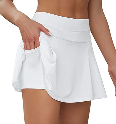 VUTRU Damen Tennisröcke Hohe Taille Tennis Skort mit Taschen Laufröcke Sport Golfrock mit Innenhose Weiß M