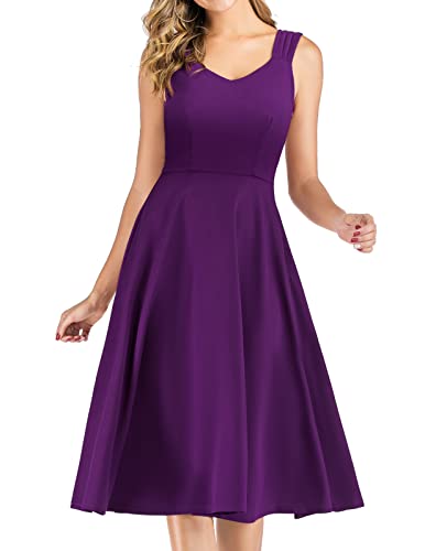 DRESSTELLS 50er Rockabilly, V-Ausschnitt Elegant Damen Kleider, ärmellos Cocktail Kleider, figurschmeichelnd Festliche Kleider, Midi Kleid der Brautjungfer, Ballkleider Taufkleid,Grape M