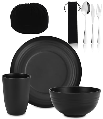 Camping Besteck Set, Camping Geschirr Schwarz, Edelstahl-Besteck, wiederverwendbarer Leichter Becher, spülmaschinenfest mit Becher, Schüssel, Teller und Tasche, Ideal für Outdoor, Picknick und Reisen