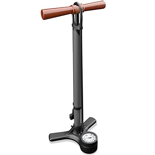 HiLo sports Fahrrad Standpumpe bis 11 bar - [Passt für alle Ventile] - Standluftpumpe mit Holz Griff - Aus lackiertem Stahl gefertigte Stand Fahrradpumpe (Metallic Grau)