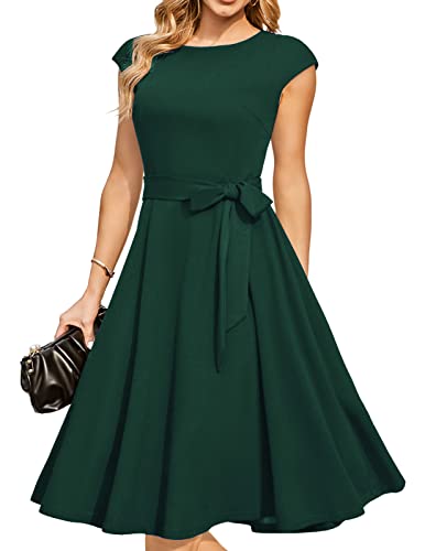 DRESSTELLS Damen elegant 50er Jahre Vintage Kleid Retro Cocktailkleid Rundausschnitt Abendkleid kurz DarkGreen L