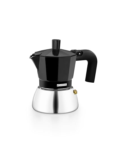Monix Induction Inox | Italienischer Kaffeekocher aus Aluminium und Edelstahl, Fassungsvermögen für 3 Tassen, hitzebeständiger Griff, geeignet für alle Herdarten einschließlich Induktion, Schwarz
