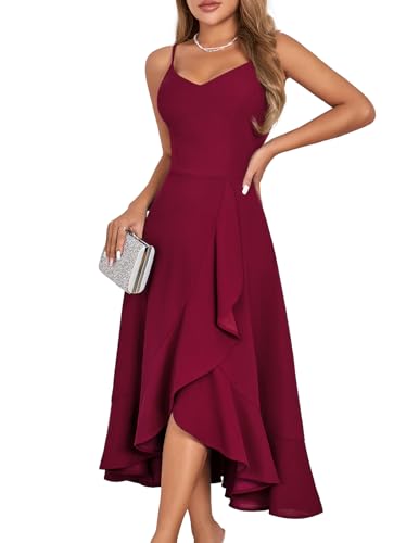 DRESSTELLS Cocktailkleid Damen Festlich Träger Hochtief Kleider für Hochzeit Knielang Rüschensaum Sommerkleid Rückenfrei Curvy Elegantes Partykleid Burgundy XL