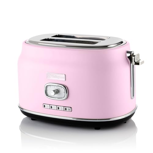 Westinghouse Retro Toaster 2 Scheiben, Abnehmbarer Brötchenaufsatz, 6 Bräunungsstufen, Brotzentrierung, Auftau-, Aufwärm- & Stoppfunktion, Kontrollleuchte, Ausziehbare Krümelschale, pink