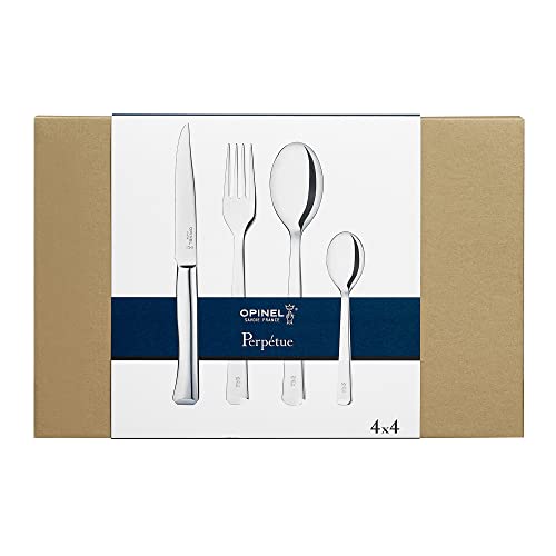 Opinel Tafelbesteck Set Perpétue aus pflegeleichtem Edelstahl, je vier Stück von Suppenlöffel, Messer, Gabel & Teelöffel, 16-teilig, spülmaschinenfest, 254614, Silber, 254615