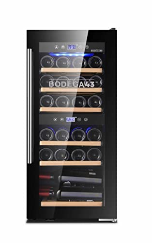 BODEGA43-24 Weinkühlschrank - Weinkühlschrank 2 Zonen, 5-20 ºC, 80 Liter, 24 Flaschen, 6 Regaleinschübe, Vollglas-Designtür mit Touchpanel, Geräuscharm (43 dB) & sehr vibrationsarm, Schwarz