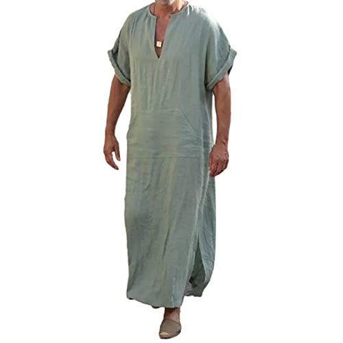 Herren Leinen Robe mit V-Ausschnitt, Langes Kleid Nachthemd Schlafanzug Kurzarm Roben Nachtwäsche Mit Taschen (Hellgrün, 3XL)