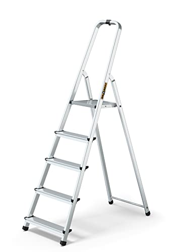 DRABEST Trittleiter klappbar Aluleiter 5 Stufen mit Ablage Stufenleiter Haushaltsleiter Belastbar bis 125 kg Stehleiter kostenloser Haken