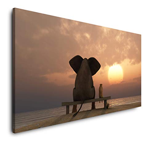 Paul Sinus Art Elefant und Hund schauen in Sonnenuntergang 120x 60cm Panorama Leinwand Bild XXL Format Wandbilder Wohnzimmer Wohnung Deko Kunstdrucke