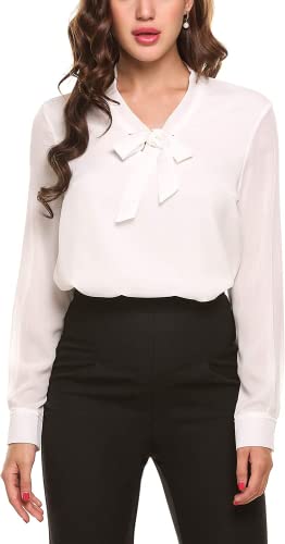 ACEVOG Damen Langarmshirt Classics Lässig T-Shirt Basic Schluppenbluses Bluse Einfarbig M L, Weiß