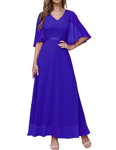 DRESSTELLS Abendkleid Damen Festlich Spitzenkleid für Hochzeit Chiffon Cape Ärmel Ballkleid Elegant Lang Brautkleid Standesamt Partykleid mit V-Rücken Royalblue XL
