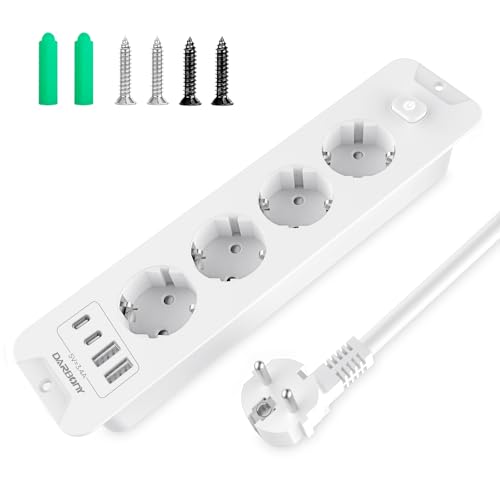 Versenkbare Steckdose mit 2 USB C,4 Fach Steckdosenleiste Einbausteckdose,4000W 16A Einbau Tischsteckdose für Arbeitsplatte Tischplatte,Mehrfachsteckdose Steckerleiste -2M 1,5mm ² Kabel Weiß