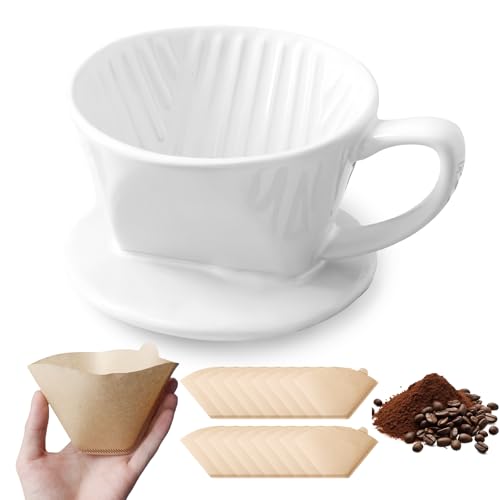 WIYETY Kaffeefilter Porzellan, Kaffee Filter mit 50 Filterpapier, Porzellan Kaffeefilter für 4 Tassen Kaffee, Porzellan Kaffee Filter, Kaffee Filteraufsatz, Geschenk für Freunde, Familie - Weiß