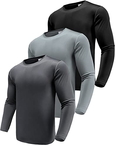 Herren 3er Pack Funktionsshirt Langarm T-Shirts, UPF 50+ Schnelltrocknend Hemden, Atmungsaktiv Shirt für Laufen Angeln Wandern Schwarz/Grau/Dunkelgrau-3P06-XL