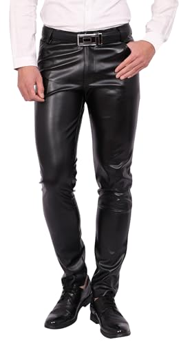FEOYA Herren Kunstleder Hosen Slim Fit Stretch Hose aus PU Leder mit Taschen Faux Lederhose Lederjeans Lang Bikerhose Schwarz 38 Bleistifthose Enge Hose Elastisch Motorrad Cosplay Sommer Frühling