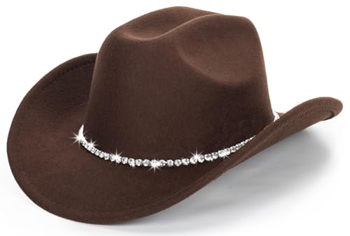 HilyBony Damen Cowboy-Hut, Western-Hut, Fedora-Jazz-Hut mit Diamantband, Kaffee mit Diamantband, M