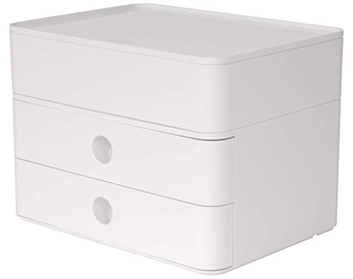 HAN Schubladenbox Allison SMART-BOX plus mit 2 Schubladen, Trennwand sowie Utensilienbox, inkl. Kabelführung, stapelbar, Büro, Schreibtisch, Küche, möbelschonende Gummifüße, 1100-12, hochglänzend weiß